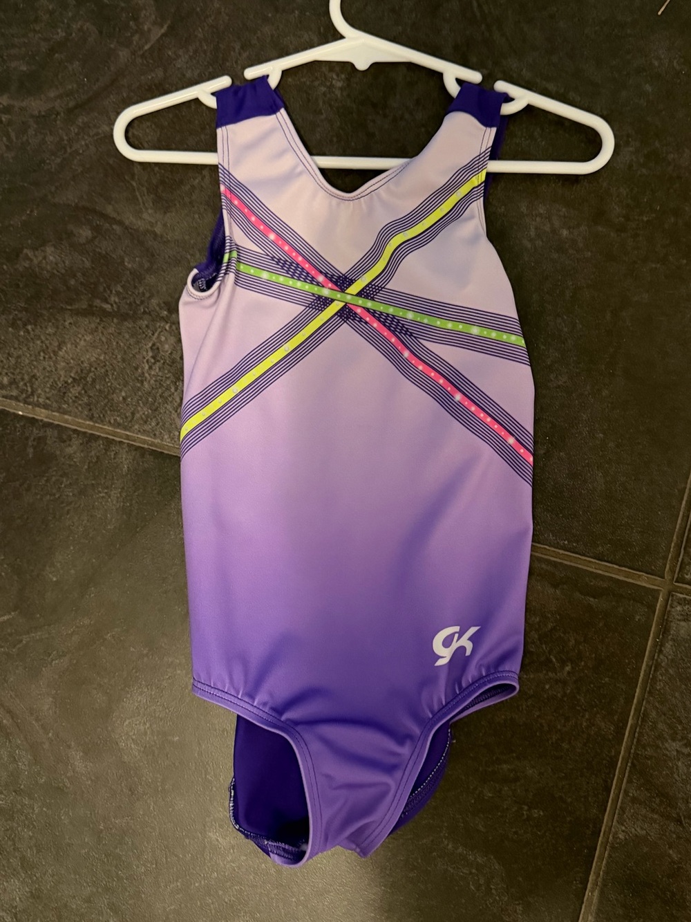 GK Girls Purple Gradient Leotard with Neon Pink and Neon Yellow Stripes